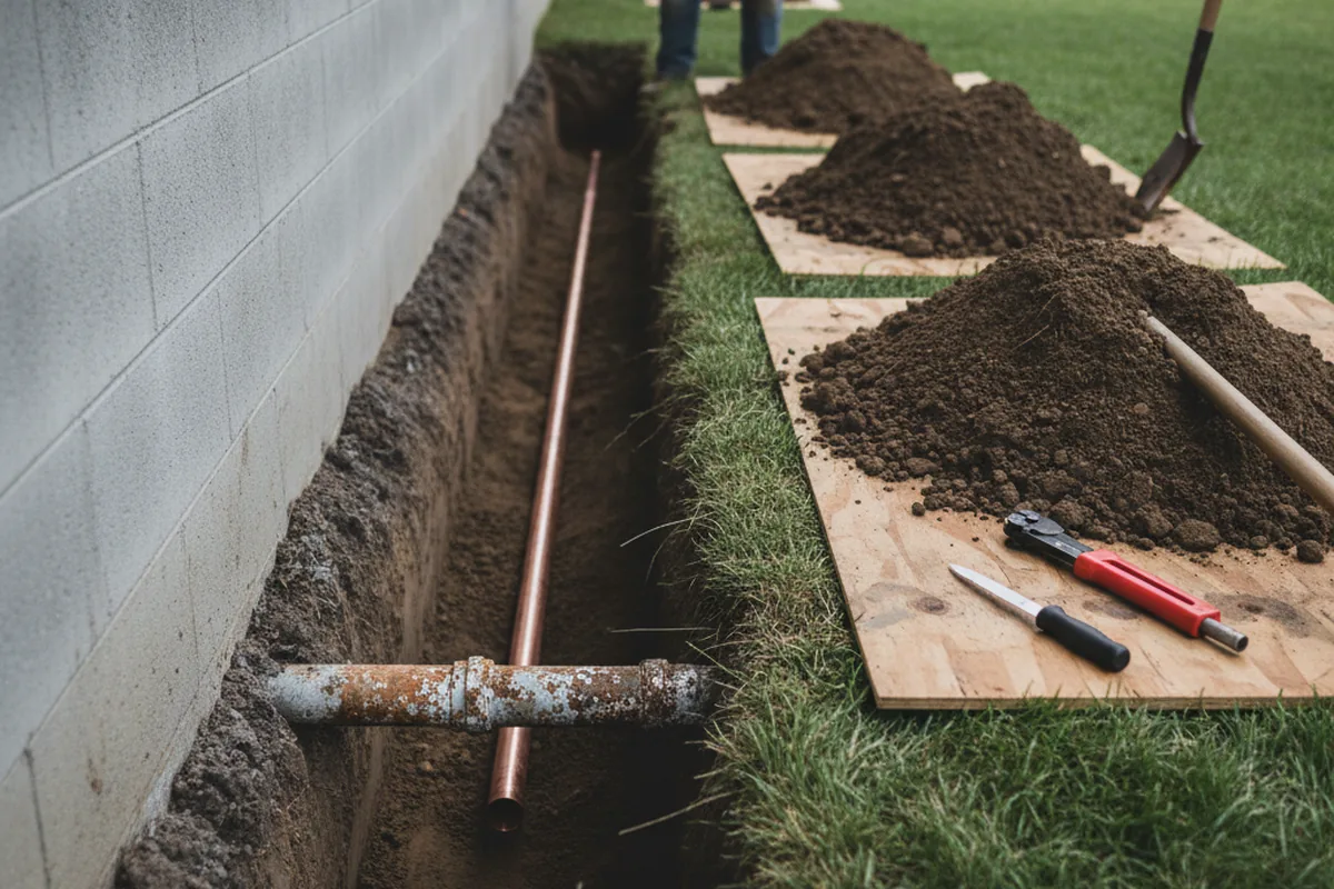 Excavated water line trench during Water Softener Installation in Dewey